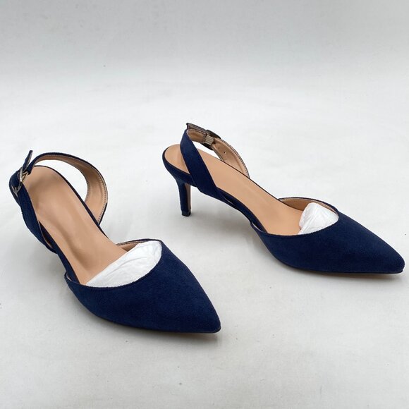 Navy Mid Heels Pumps Pointed Toe Slingback Sandals Party Casual Dress Shoes - Picture 2 of 7